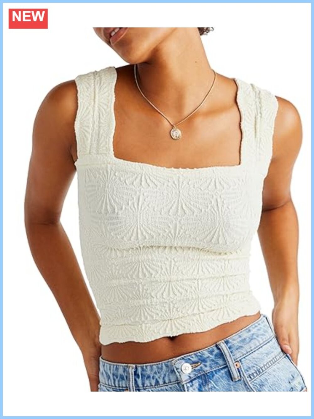 Women's Square Neck Wide Strap Crop Tank Top Floral Embroidered Lettuce Trim